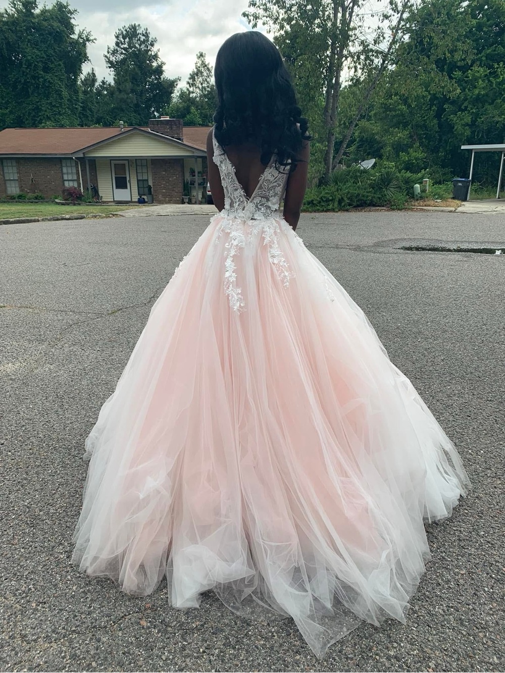 Elegant Jovani Pink Lace Appliqué Ball Gown Dress